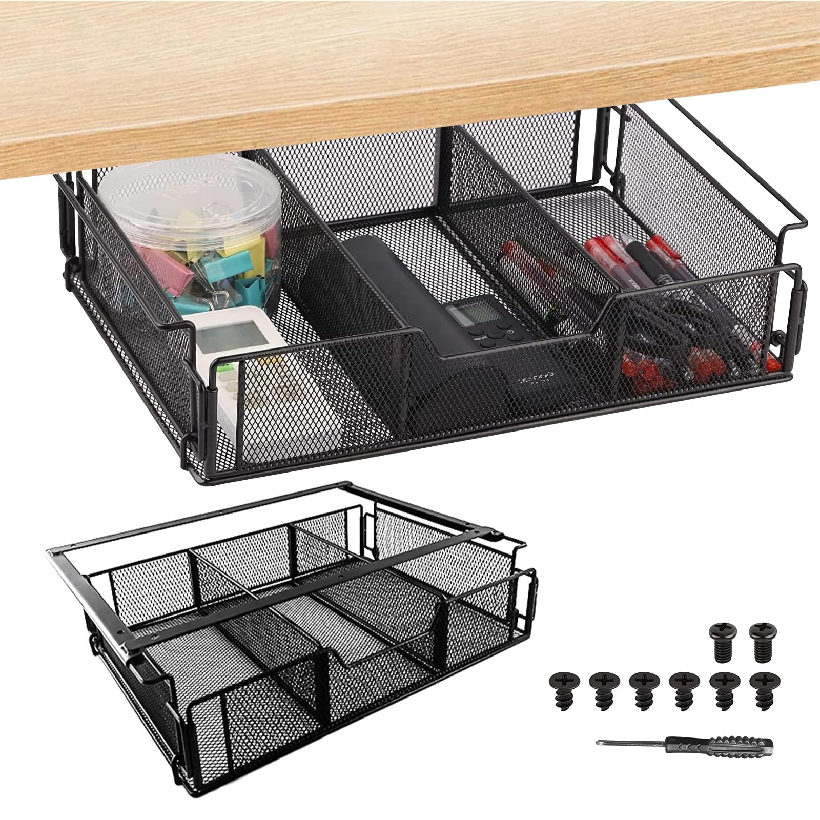 Climberty® Under Desk Organizer Storage Box, Desk Organiser 3-Compartment Pull-Out, Screw Fixed Mesh Drawer Easy Sliding-out Drawer Office Desk Organizer with Installation Pack, 14.3 x 9.5x3.3 inches Climberty® Under Desk Organizer Storage Box, Desk Organiser 3-Compartment Pull-Out, Screw Fixed Mesh Drawer Easy Sliding-out Drawer Office Desk Organizer with Installation Pack, 14.3 x 9.5x3.3 inches